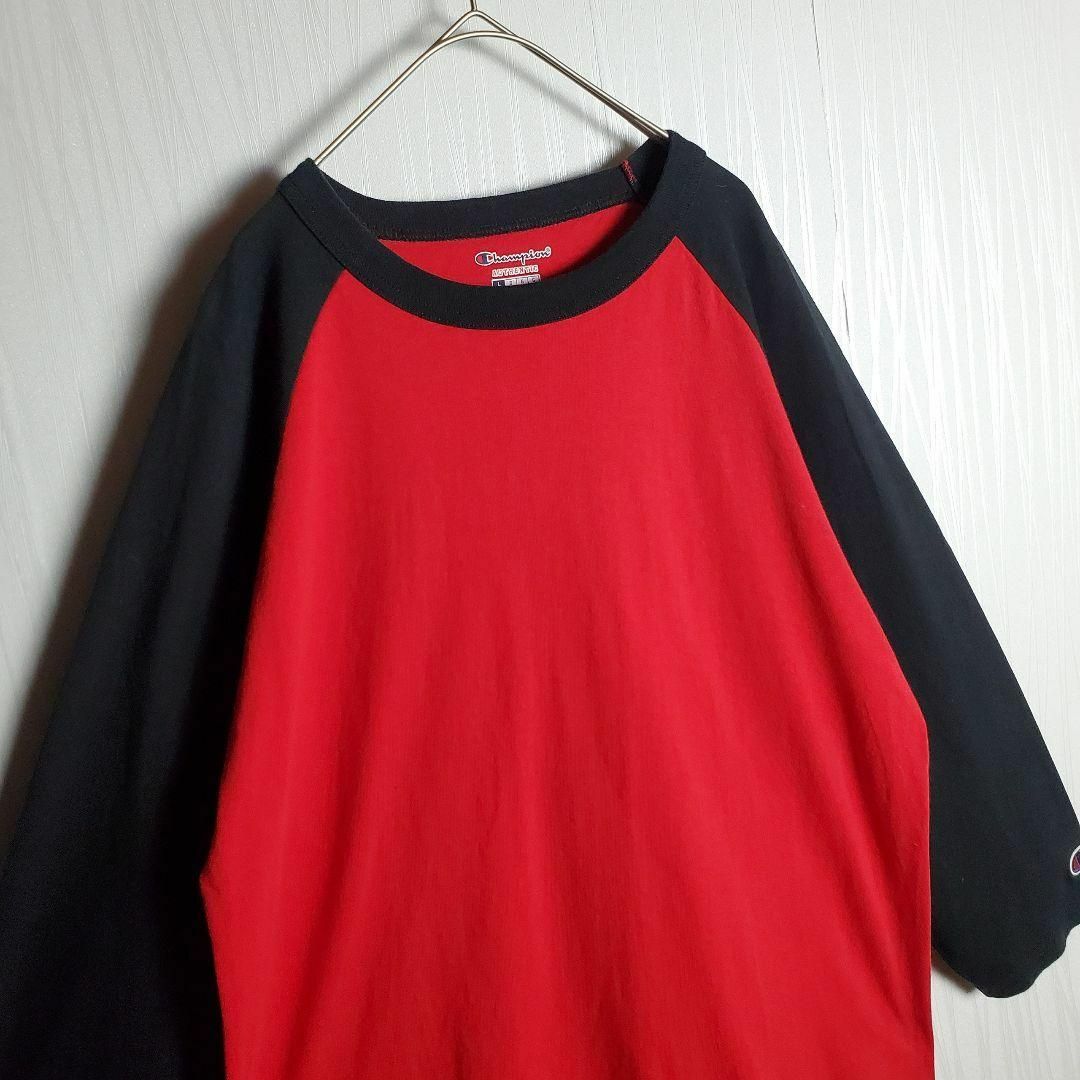 Champion(チャンピオン)のChampion ラグランTシャツ グレー 赤黒 無地 7分袖 ゆるだぼ 古着 メンズのトップス(Tシャツ/カットソー(七分/長袖))の商品写真