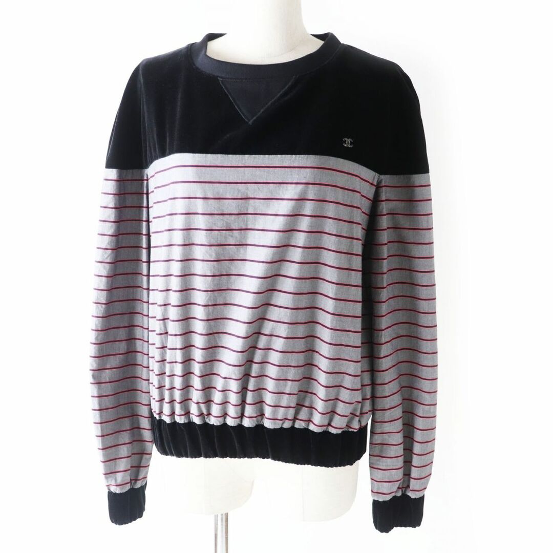 CHANEL - 極美品◎イタリア製 CHANEL シャネル 22AW P73405 ココマーク ベルベット切替 スウェットシャツ ボーダー柄 黒×灰×ネオンピンク 36