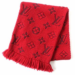 ルイヴィトン(LOUIS VUITTON)の美品△正規品 LOUIS VUITTON ルイヴィトン 2016年 M72432 エシャルプ ロゴマニア モノグラム シルク混 ニットマフラー ルビー レッド 伊製(マフラー/ショール)