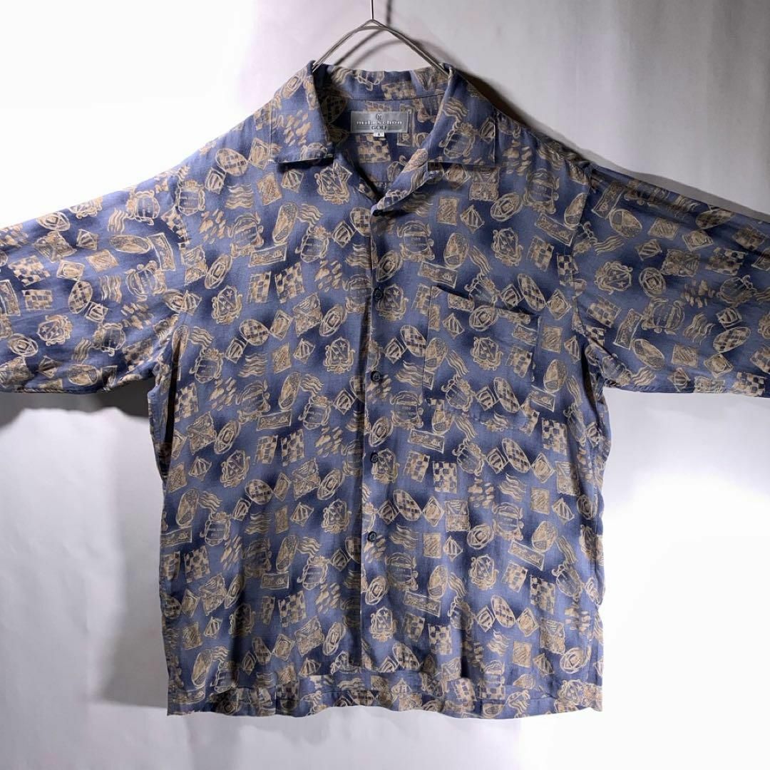 mila schon(ミラショーン)のレトロ古着 レーヨン リネン 総柄 オープンカラーシャツ アロハ 長袖 メンズのトップス(シャツ)の商品写真