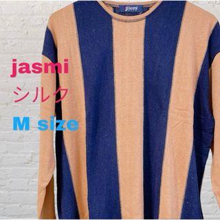 jasmi シルクニット　ストライプ　セーター　オレンジ×紺　ラウンドネック　M(ニット/セーター)