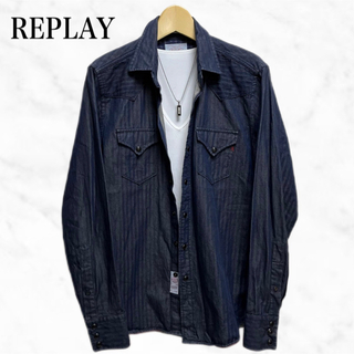 Replay - REPLAY ワークシャツ　紺色　ネイビー　長袖シャツ　ダンガリーシャツ