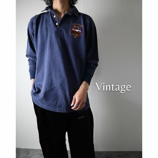 ヴィンテージ(VINTAGE)の【vintage】刺繍×ワッペン デザイン ルーズ 長袖 ラガーシャツ 濃紺(ポロシャツ)