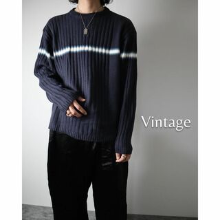 ヴィンテージ(VINTAGE)の【vintage】グラデーション ライン デザイン リブ ニット セーター 濃紺(ニット/セーター)