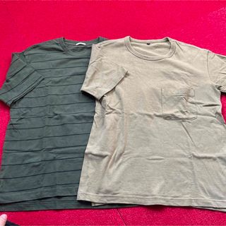 ジーユー(GU)のbaiya M メンズ　ボーダー　無地　半袖　Tシャツ　セット　ベージュ　緑(Tシャツ/カットソー(半袖/袖なし))