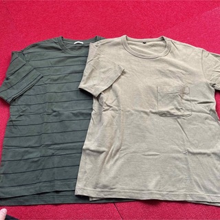 ジーユー(GU)のbaiya M メンズ　ボーダー　無地　半袖　Tシャツ　セット　ベージュ　緑(Tシャツ/カットソー(半袖/袖なし))