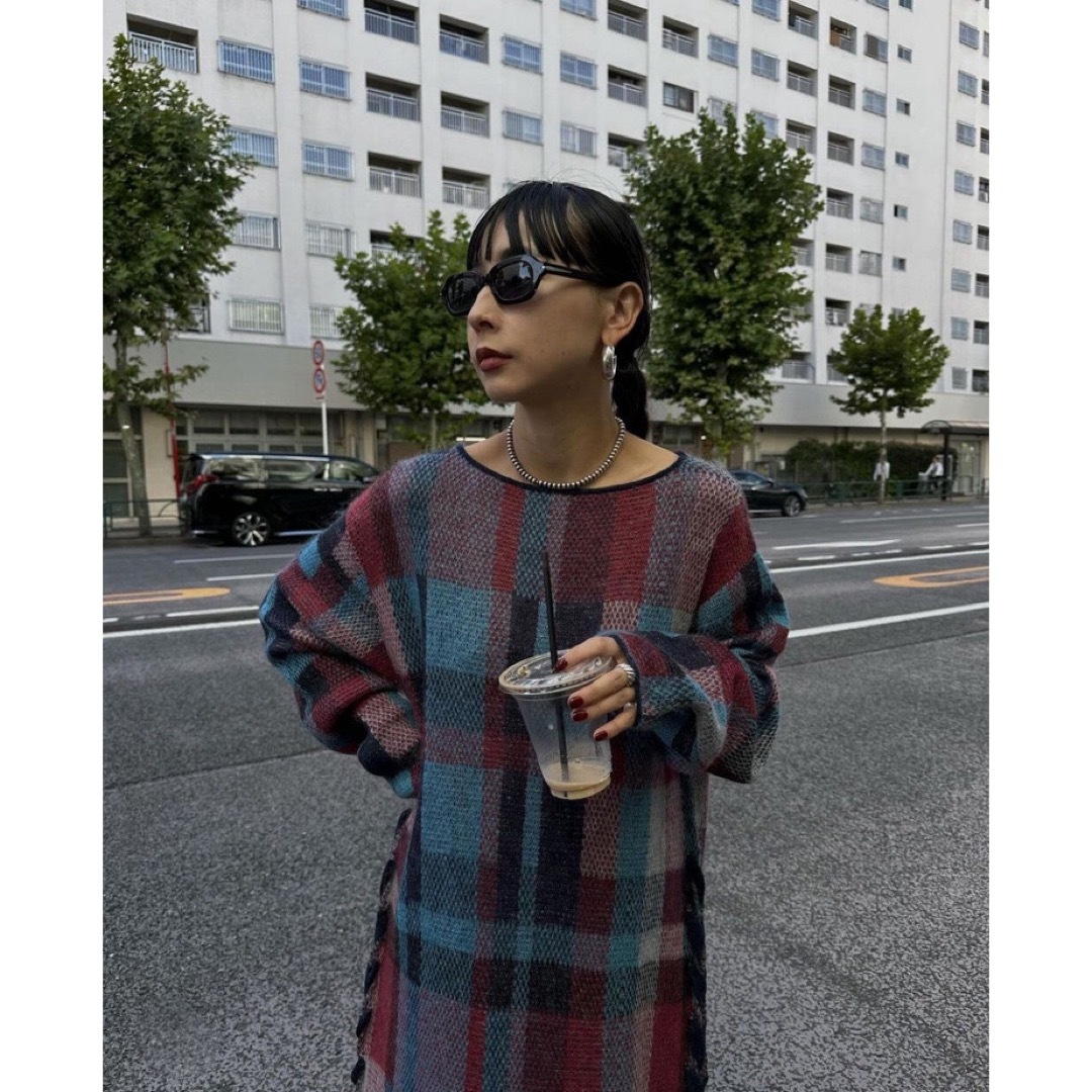 BIG CHECK LACE UP KNIT DRESS レディースのワンピース(ロングワンピース/マキシワンピース)の商品写真