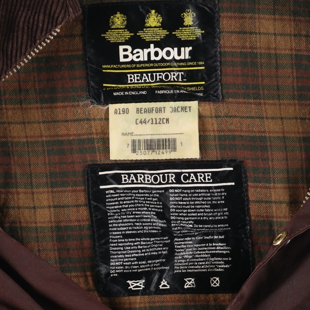 Barbour(バーブァー)の古着 90年代 バブアー Barbour BEAUFORT ビューフォート 旧3ワラント バッジ付き オイルド ハンティングジャケット 英国製 C44 メンズL ヴィンテージ /evb004941 メンズのジャケット/アウター(その他)の商品写真