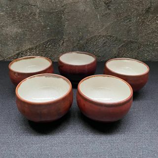 湯呑 湯のみ 湯飲 ５客揃 銘あり 陶印あり 作家 窯変 赤茶 小鉢 美品(食器)