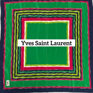 イヴサンローラン(Yves Saint Laurent)の★イヴサンローラン★スカーフ 大判 スクエア シルク グリーン ネイビー ピンク(バンダナ/スカーフ)