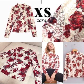 ザラ(ZARA)のZara レース 長袖 ハイネック タートル 花柄 トップス レディース(カットソー(長袖/七分))