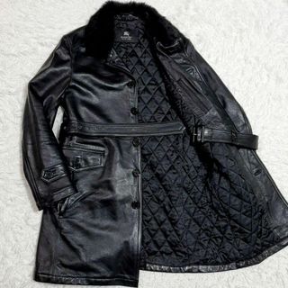 バーバリーブラックレーベル(BURBERRY BLACK LABEL)の極美品 XL バーバリーブラックレーベル 羊革 トレンチ 黒 キルティング 毛皮(トレンチコート)