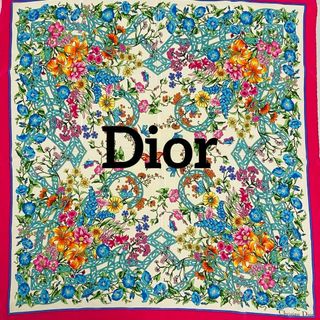 クリスチャンディオール(Christian Dior)の美品 ★Dior★ スカーフ 大判 花 蝶 シルク ピンク ホワイト ブルー(バンダナ/スカーフ)