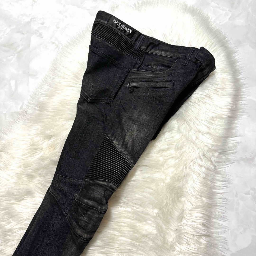 BALMAIN(バルマン)の本物美品 バルマンオム ダメージ加工 バイカー デニム パンツ ジーンズ 30黒 メンズのパンツ(デニム/ジーンズ)の商品写真