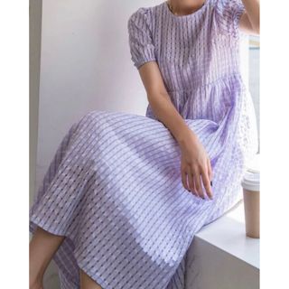 春夏服【即納】ワンピース 透け感 ラベンダー 格子柄 パフスリーブ スワンピース(ひざ丈ワンピース)