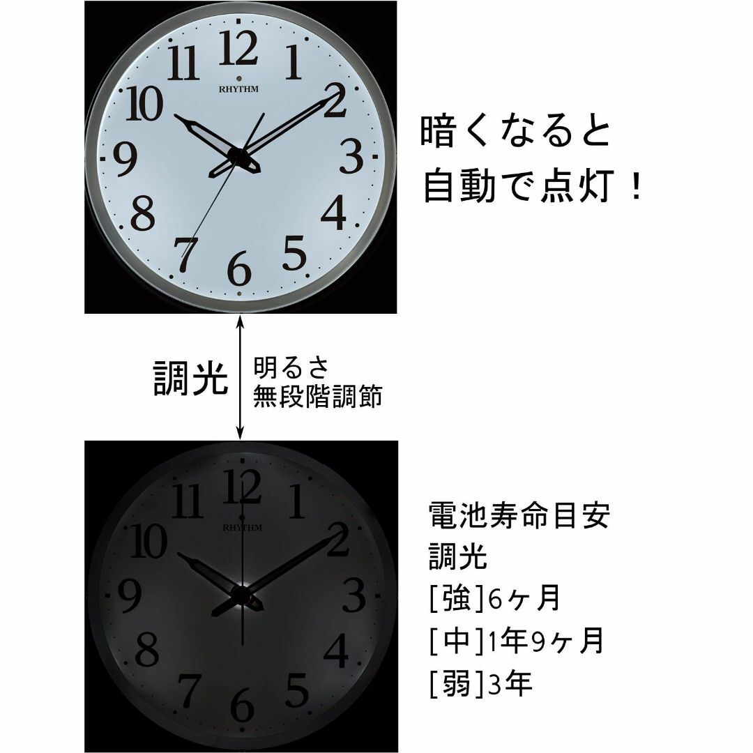 リズムRHYTHM 掛け時計 電波時計 アナログ 連続秒針 暗所 ライト 自動