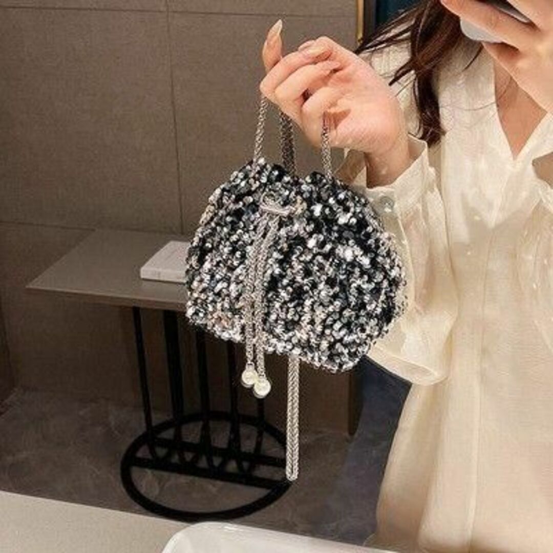 シルバー スパンコール パーティバッグ 巾着 結婚式 パーティー