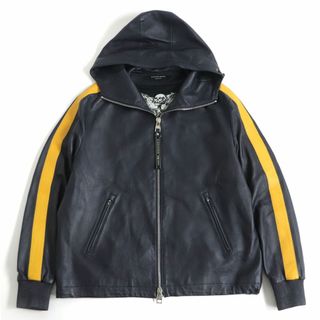 アレキサンダーマックイーン(Alexander McQueen)の美品□2018年製 アレキサンダーマックイーン スケルトン ラインデザイン ラムスキン ZIPUP レザーパーカー ネイビー 48 伊製 正規品(パーカー)