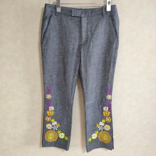 ジュンコシマダ(JUNKO SHIMADA)の49AV.junko shimada 花刺繍 サイズ38 スリット リネン混 パンツ ブルー レディース ジュンコシマダ【中古】4-0214M△(その他)