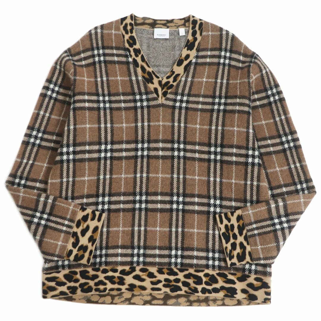 BURBERRY(バーバリー)の極美品□BURBERRY/バーバリー 4559477 チェック レオパード柄 カシミヤ×モヘア×シルク Vネック 長袖ニット/セーター 茶 L 国内正規品 メンズのトップス(ニット/セーター)の商品写真