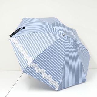 ジルスチュアート(JILLSTUART)の晴雨兼用日傘 JILL STUART ジルスチュアート USED美品 ストライプ レース ブルーｘホワイト 遮光 遮熱 UV グラス骨 50cm S A0294(傘)