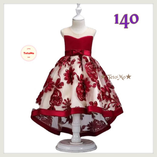 新品 140 ドレス 子供 キッズ 赤 レッド 花柄 ピアノ発表会 結婚式 素敵(ドレス/フォーマル)