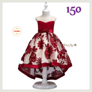 新品 150 ドレス 子供 キッズ 赤 レッド 花柄 ピアノ発表会 結婚式 素敵(ドレス/フォーマル)