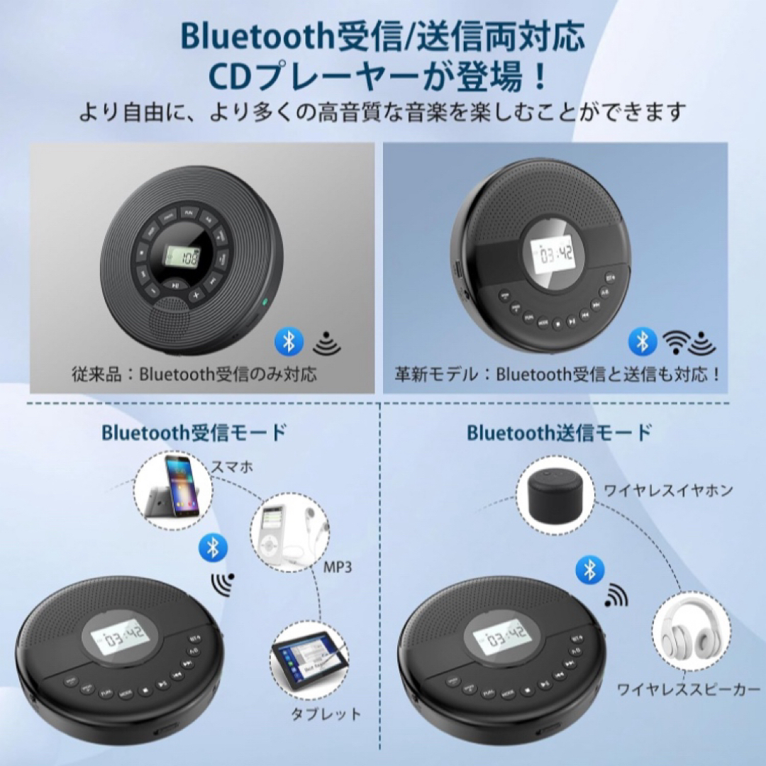 CDプレーヤー ポータブル Bluetooth受信/送信 CDプレイヤー スマホ/家電/カメラのオーディオ機器(ポータブルプレーヤー)の商品写真