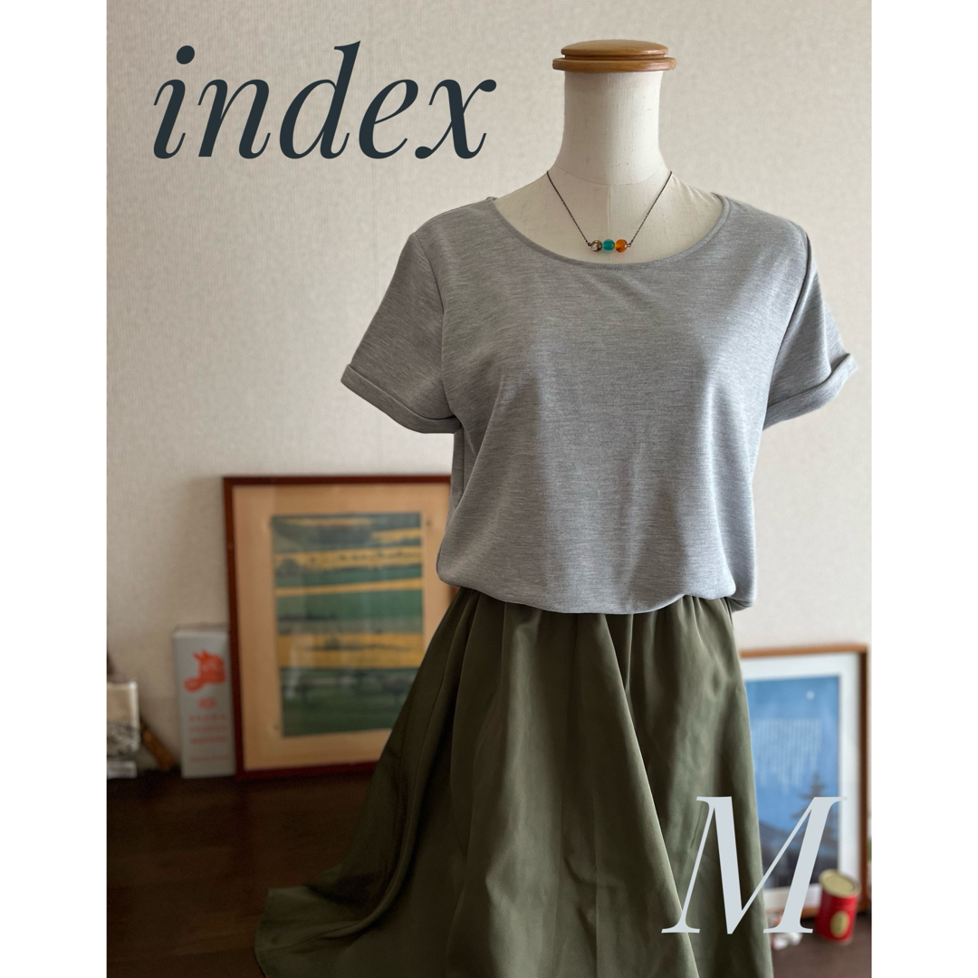 INDEX(インデックス)の美品　index インデックス　異素材ミックス　ワンピース　グレー×カーキ レディースのワンピース(ひざ丈ワンピース)の商品写真