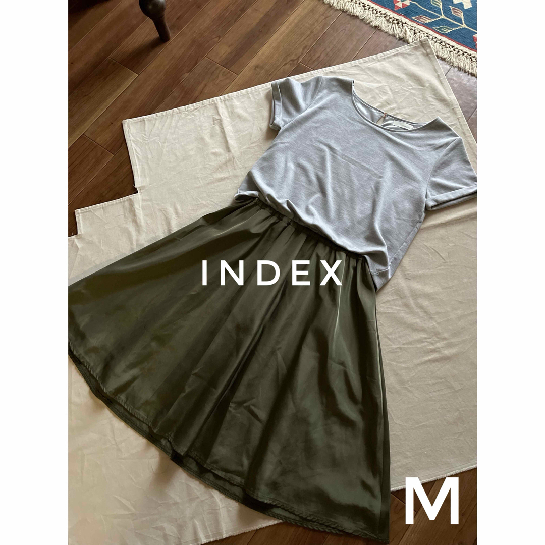 INDEX(インデックス)の美品　index インデックス　異素材ミックス　ワンピース　グレー×カーキ レディースのワンピース(ひざ丈ワンピース)の商品写真