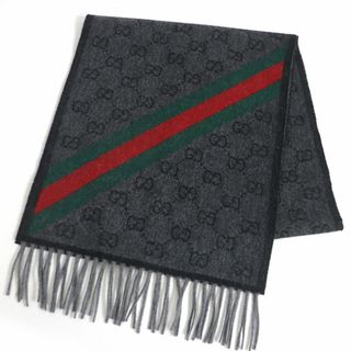 グッチ(Gucci)の極美品□GUCCI/グッチ 570603 GG総柄 ウェブライン ウール×アルパカ フリンジマフラー/ショール ブラック×グレー 190×37 伊製 正規品(マフラー)