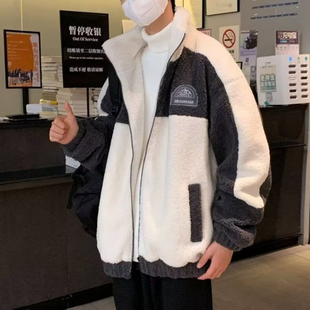 ブルゾン ボア ジャケット コート ロゴ 韓国 ベージュ　ダークネイビー メンズのジャケット/アウター(ブルゾン)の商品写真