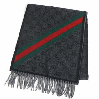 グッチ(Gucci)の未使用品□2020年製 GUCCI/グッチ 570673 シェリーライン GGパターン 総柄 ウール×アルパカ フリンジマフラー グレー 190×37 伊製 正規品(マフラー)