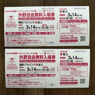 【即日発送】3月14日(木) ソフトバンク 対  巨人 無料入場券2枚(野球)