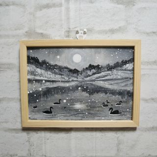 油絵 油彩 油彩画 絵 絵画 【白黒風景のハクチョウ池】(絵画/タペストリー)