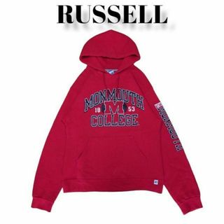 ラッセルアスレティック(Russell Athletic)の古着ラッセル カレッジスウェットパーカー M ビックプリント RUSSELL 赤(パーカー)