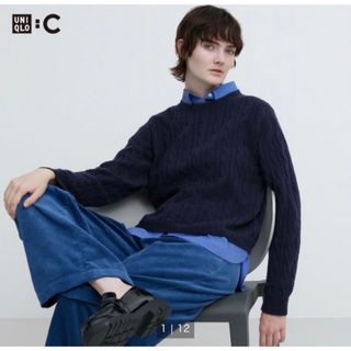 ユニクロ(UNIQLO)のユニクロC カシミヤケーブルクルーネックショートセーター　ネイビー　M 新品(ニット/セーター)