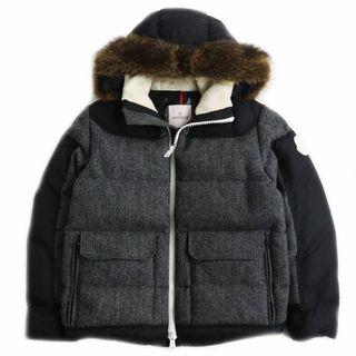 モンクレール(MONCLER)の美品●21-22AW MONCLER モンクレール ROBERT ヘリンボーン柄 ロゴパッチ付き フーデッドダウンジャケット グレー×ブラック 2 正規品(ダウンジャケット)