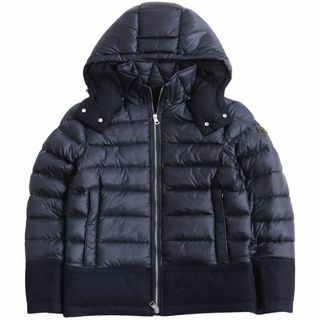 モンクレール(MONCLER)の良品●MONCLER モンクレール RIOM/リオン レザーロゴパッチ付き ウール切り替え フーデッドダウンジャケット ネイビー 0 正規品 メンズ(ダウンジャケット)