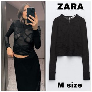 ザラ(ZARA)のZARA　セミシースルー ニット トップス　Mサイズ　ブラック(カットソー(長袖/七分))