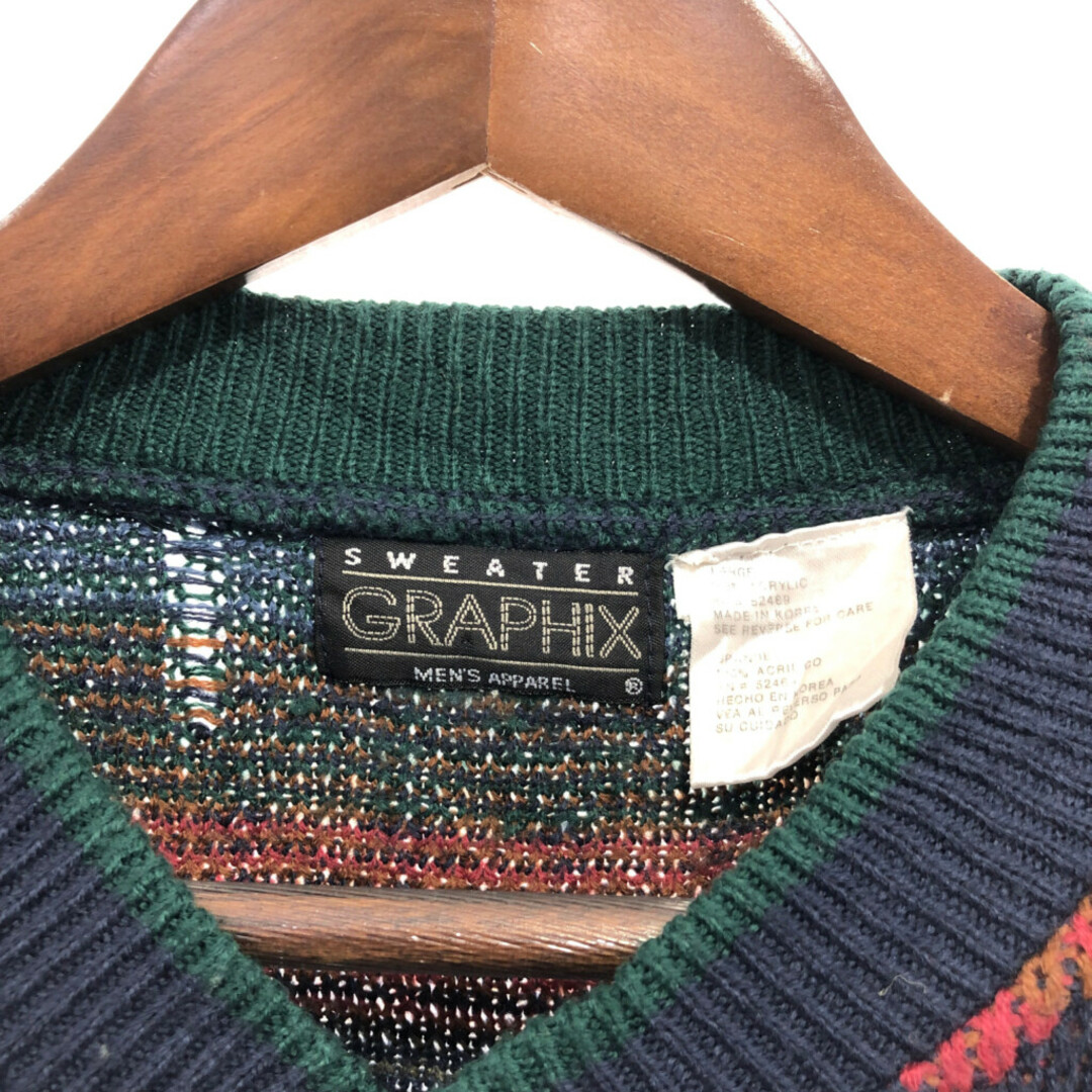90年代 GRAPHIX ヘンリーネック アクリル ニット セーター トップス 総柄 マルチカラー (メンズ L) 中古 古着 P8858 メンズのトップス(ニット/セーター)の商品写真