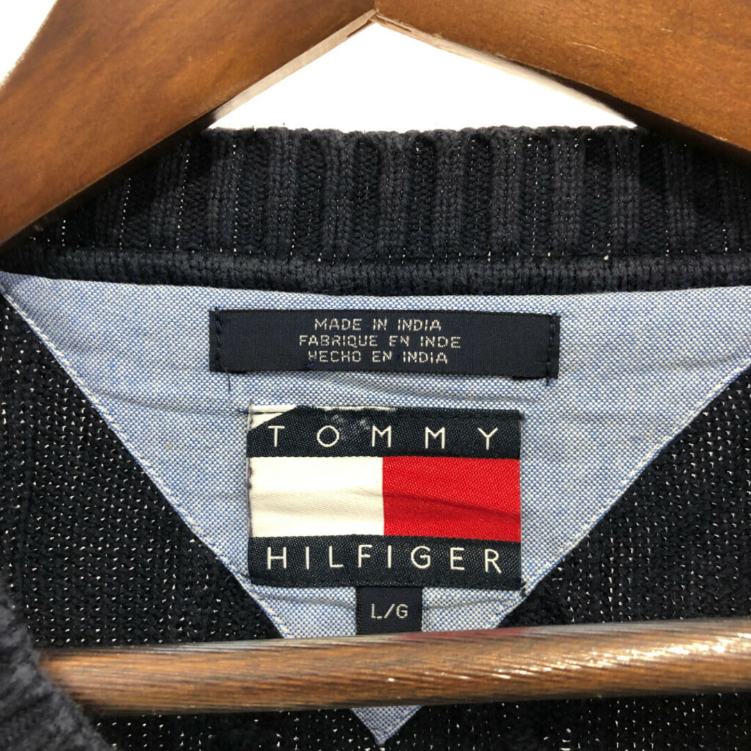 TOMMY HILFIGER(トミーヒルフィガー)のTOMMY HILFIGER トミーヒルフィガー ケーブルニット コットン セーター トップス ワンポイントロゴ ネイビー (メンズ L) 中古 古着 P8870 メンズのトップス(ニット/セーター)の商品写真