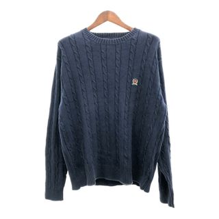 トミーヒルフィガー(TOMMY HILFIGER)のTOMMY HILFIGER トミーヒルフィガー ケーブルニット コットン セーター トップス ワンポイントロゴ ネイビー (メンズ L) 中古 古着 P8870(ニット/セーター)