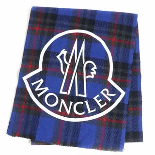 モンクレール(MONCLER)の美品□MONCLER/モンクレール SCIARPA タータンチェック柄 ロゴプリント フリンジマフラー/大判ショール ブルー系 UNI イタリア製 正規品(マフラー)