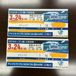 チュウニチドラゴンズ(中日ドラゴンズ)のバンテリンドーム ３月２４日(日)中日対ロッテ１塁側通路側連番内野席（送料込）(野球)