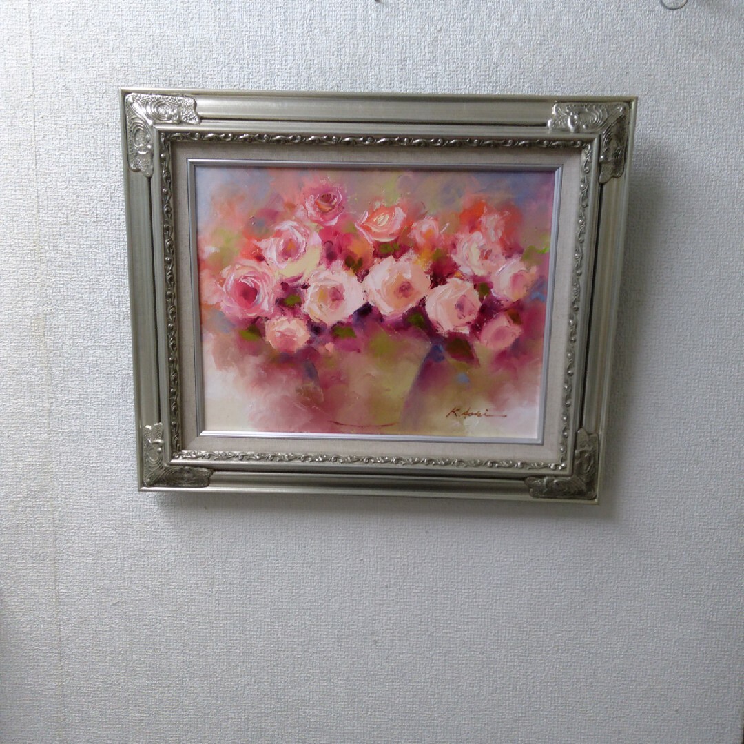 肉質油絵 横 F6 バラの花と花瓶 青木今陽 額装仕上げ品 絵画 肉質油絵 横 F6 バラの花と花瓶 青木今陽 額装仕上げ品 絵画