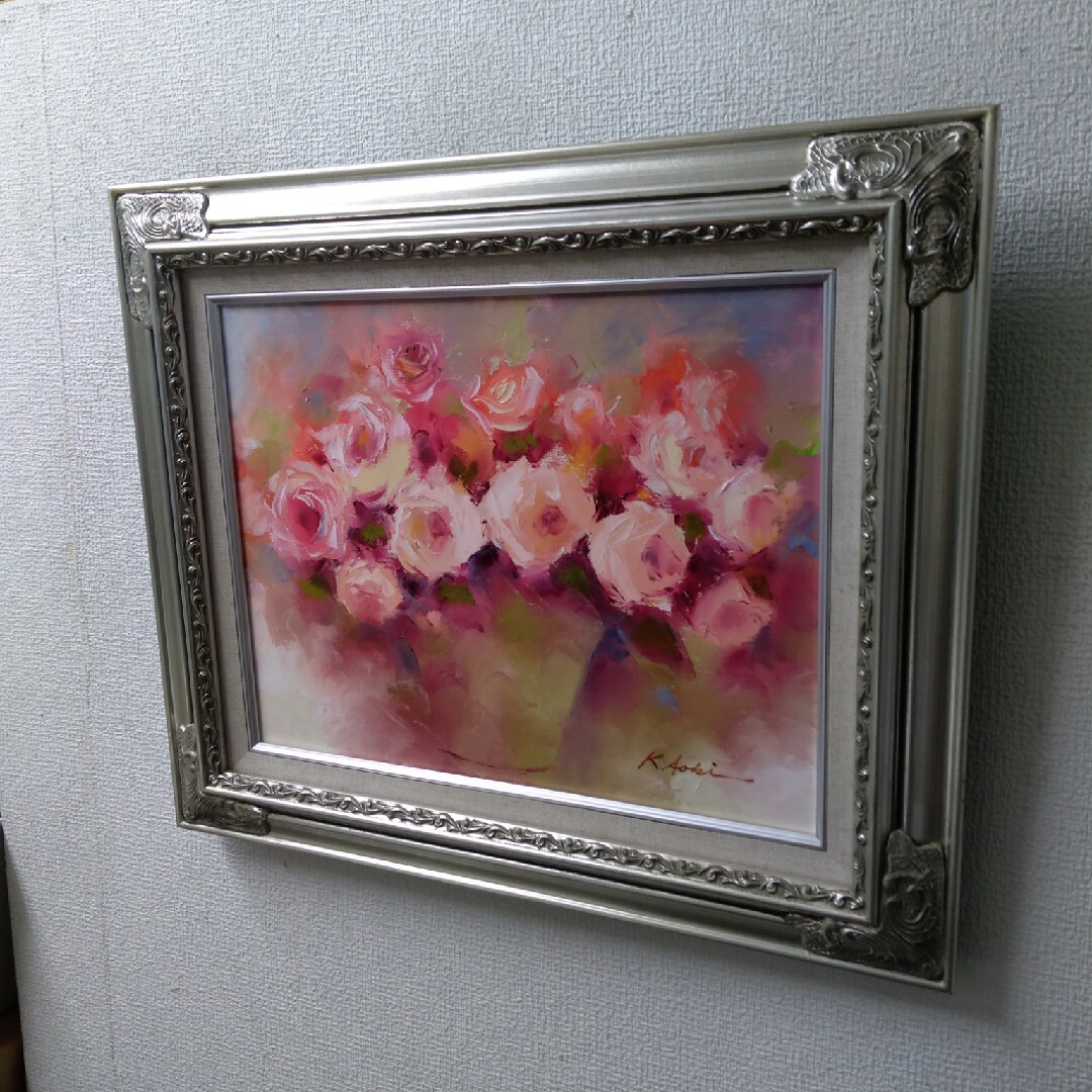 肉質油絵 横 F6 バラの花と花瓶 青木今陽 額装仕上げ品 絵画 肉質油絵 横 F6 バラの花と花瓶 青木今陽 額装仕上げ品 絵画