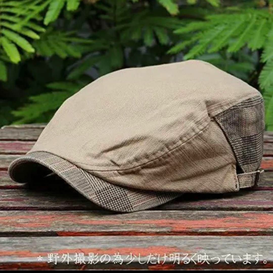 帽子 メンズ ハンチング コットン チェック ベルト つばロングダークベージュ メンズの帽子(ハンチング/ベレー帽)の商品写真