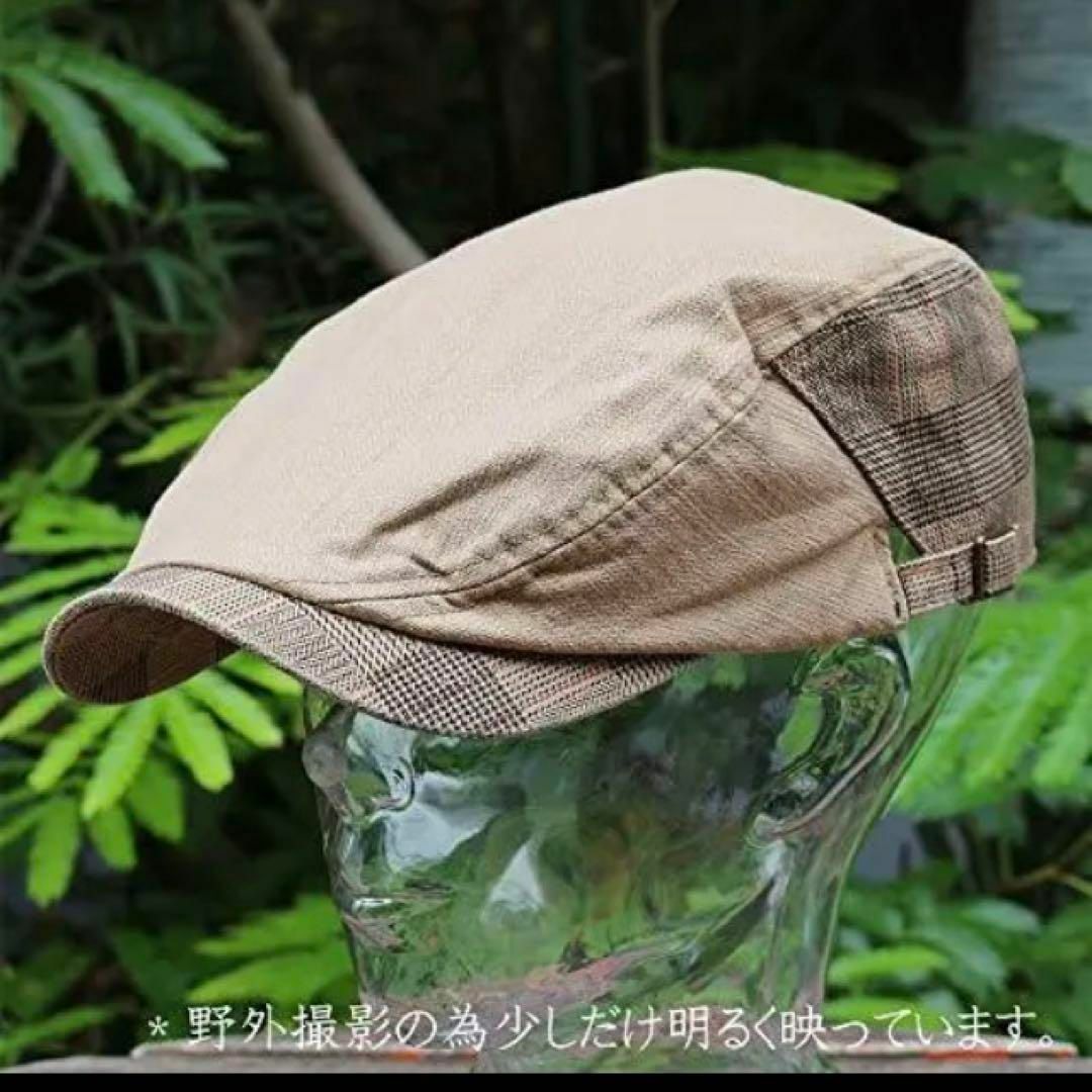 帽子 メンズ ハンチング コットン チェック ベルト つばロングダークベージュ メンズの帽子(ハンチング/ベレー帽)の商品写真