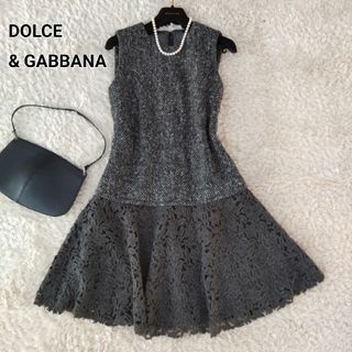 ドルチェアンドガッバーナ(DOLCE&GABBANA)のドルチェアンドガッバーナ ツイード レース 切り替え ドッキング ワンピース(ひざ丈ワンピース)